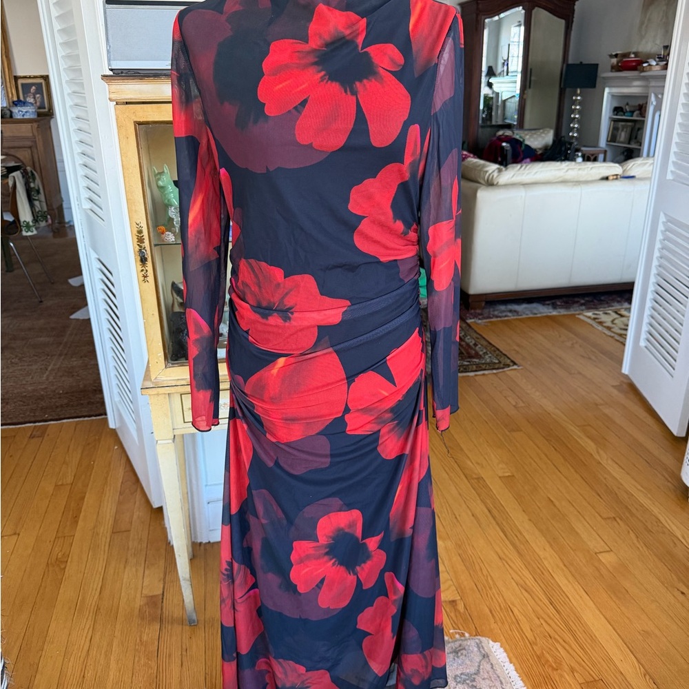 Chic Black and Red Floral Long Sleeve Modest Rouched Dress